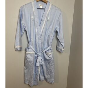 Miss Elaine Women's M 100% Cotton Robe Blue Knee Length Belt Pockets Embroidered